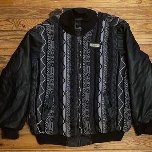 Coogi Men's Black & Gray Patterned 3D Knit Coat With Lambskin Leather Sleaves 2X